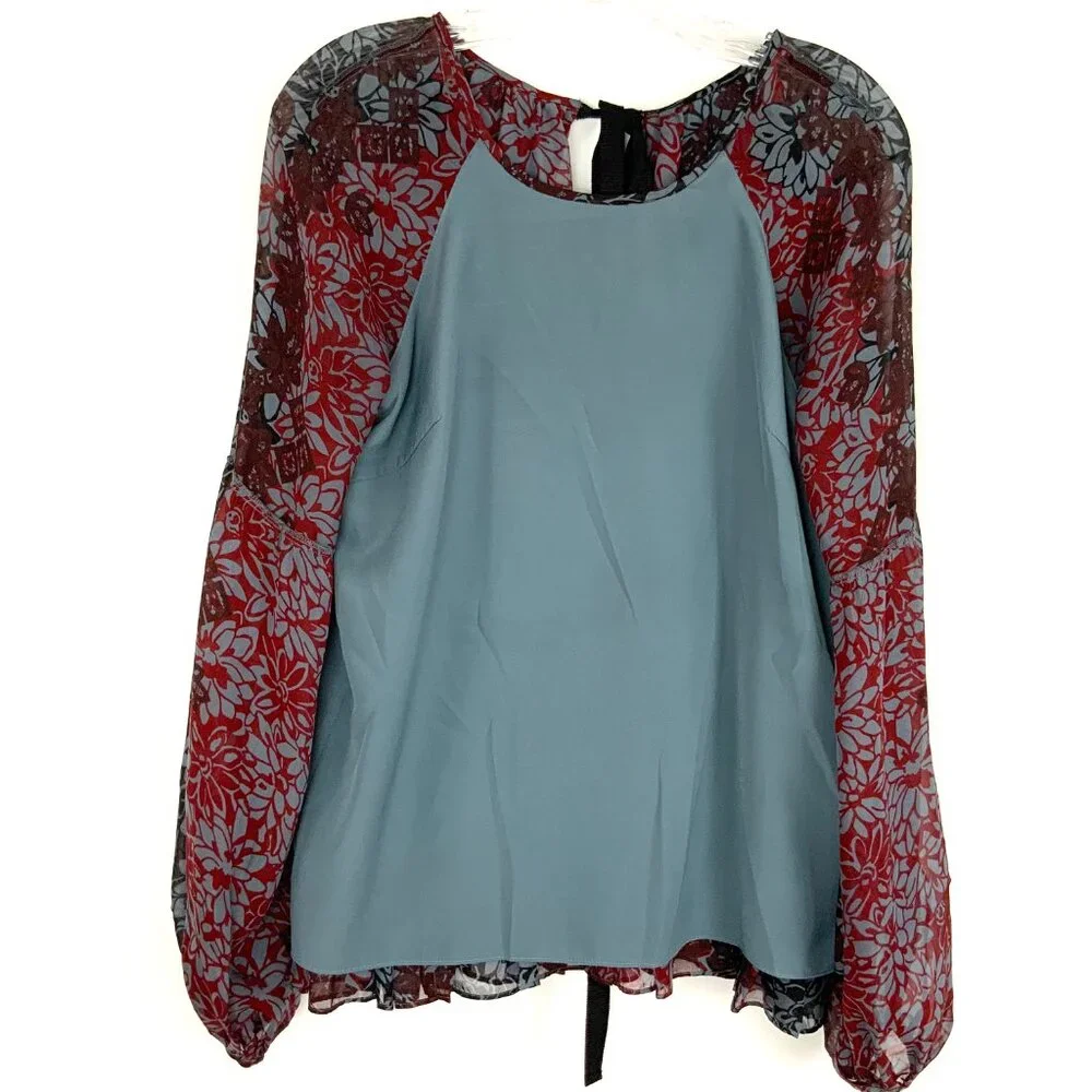 New Cinq a Sept Silk Chiffon Floral Tie Back Peplum Blouse Red Black Sz XS - Picture 13 of 16